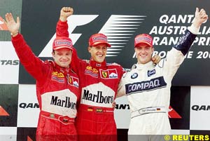 Ferrari teammates on the Australian GP podium, with Williams driver Ralf Schumacher