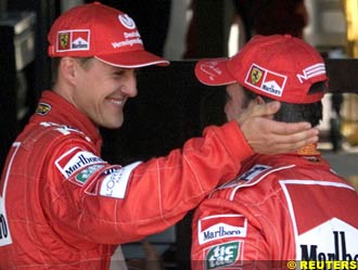 the Ferrari teammates rejoice their first front row of the season