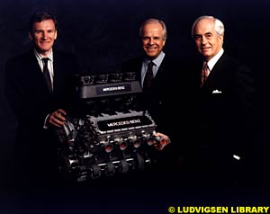 Paul Morgan, Helmut Werner (the-chief executive of Mercedes Benz) and Roger Penske, at the launch of the 1994 Indy engine