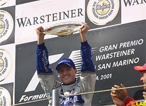 Ralf celebrates his first GP win, San Marino 2001