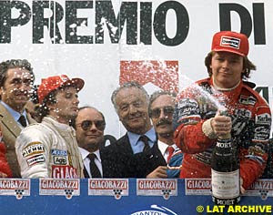 Somber Villeneuve stands on the podium with Pironi, at the 1982 San Marino GP