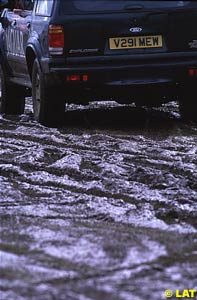 A very muddy Silverstone car park in 2000