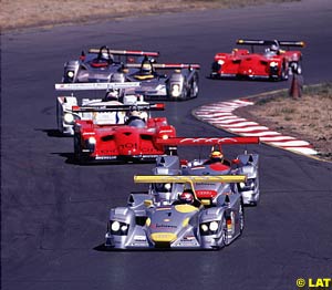 The #1 Capello/Kristensen Audi leads the #2 Biela/Pirro Audi ahead of the rest of the pack