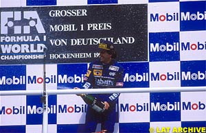 Celebrating his final Grand Prix win in 1993