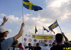 Swedish flags wave at the podium celebrations