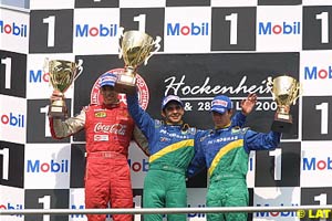 Pizzonia celebrates his win on the podium at Hockenheim