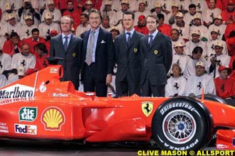 Luca di Montezemolo, Michael Schumacher, Rubens Barrichello and Luca Badoer with the Ferrari F2001