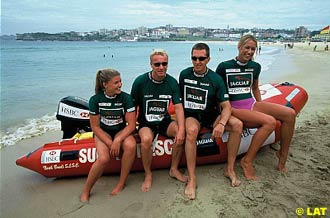 Eddie Irvine and Luciano Burti manning the Jaguar lifeboat