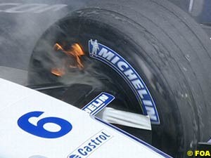 Montoya's brakes on fire