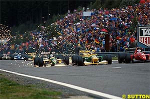 Schumacher battles with Hakkinen (left) and Alesi (right) at Spa, 1992