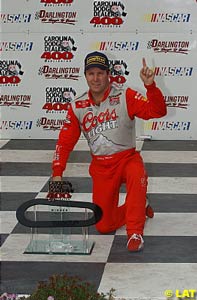 Sterling Marlin with his winner's trophy at Darlington