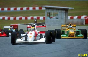 Ayrton Senna leads Michael Schumacher in 1993