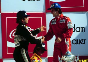 Elio de Angelis congratulates Alain Prost
