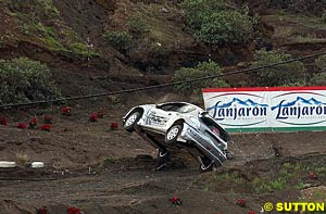 Marcus Gronholm recovered from this embarrassing roll with four time NASCAR champion Jeff Gordon onboard during a pre-event demonstration to win the Race of Champions for 2002