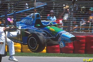 Schumacher's Benetton lifted off after he hit Hill at Adelaide, 1994