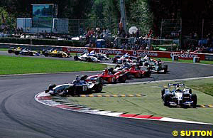 The start of the race, with Ralf cutting the chicane