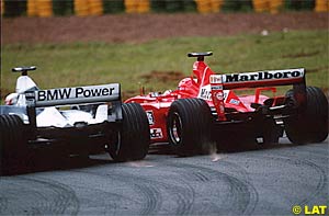 Montoya overtakes Schumacher in Brazil, 2001