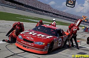 Dale Earnhardt Jr makes a pit stop on the way to victory
