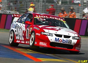 Mark Skaife driving his Holden VX Commodore on his way to victory in race one 