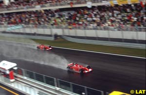 The Ferraris lead the way in last year's rainy race