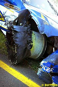 The remains of the right front tyre on Marcos Ambrose's car, which blew with just over two laps remaining in race three, after Ambrose drove those last two laps on it