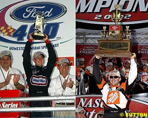 Homestead winner Kurt Busch and 2002 NASCAR Winston Cup Champion Tony Stewart with their respective trophies