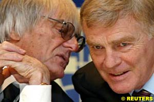 Bernie Ecclestone and Max Mosley after the meeting at Heathrow