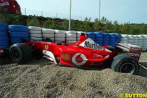 The F2003-GA after crashing at Jerez