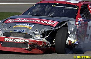 Kurt Busch's Ford Taurus, which was the least damaged car in the incident which involved Jeff Gordon, Rusty Wallace and Mike Skinner