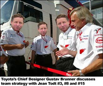 Toyota's Chief Designer Gustav Brunner discusses team strategy with Jean Todt #3, #8 and #15