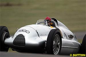 Rob Hall demontrates the Auto Union on the 65th anniversary of his historic win in the British Grand Prix at Donington Park
