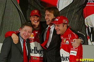 Todt, Schumacher, di Montezemolo and Barrichello at the 2003 launch