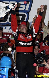 Greg Biffle celebrates his first Winston Cup win