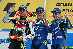 The podium finishers Valentino Rossi, winner Sete Gibernau and Alex Barros