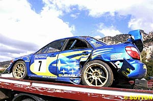 Petter Solberg's damaged Impreza after the shakedown crash