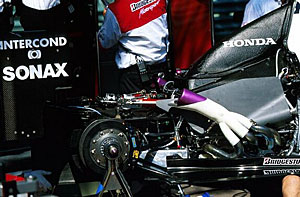 The Honda V10 sits in the back of the BAR chassis at last year's Monaco Grand Prix