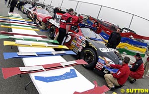 Greg Biffle's car is measured against the various body templates used by NASCAR