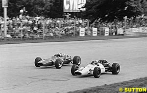 John Surtees, Honda RA300; leads Chris Amon, Ferrari 312; in the 1967 Italian GP at Monza