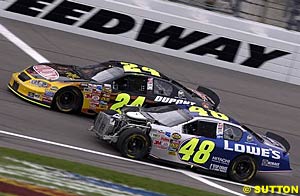 Jimmie Johnson returned to the track after his crash with his car less than 100%, seen here alongside teammate Jeff Gordon