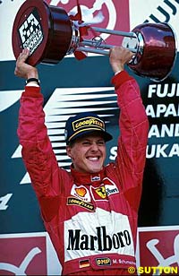 Michael Schumacher wins the 1997 Japanese Grand Prix in his 100th race