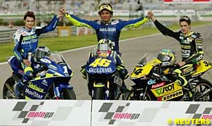2004 250cc World Champion Dani Pedrosa, 2004 MotoGP World Champion Valentino Rossi and 2004 125cc World Champion Andrea Dovizioso