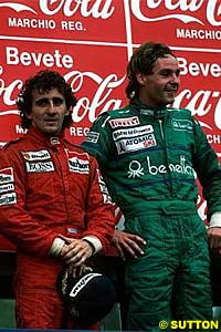 Gerhard Berger on his first podium, next to Prost. Imola 1986