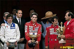 Stefano Modena shares the podium with Senna and Prost