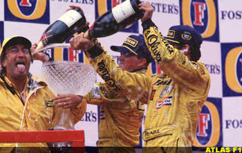 Jordan team celebrates 1st win, Belgium 1998