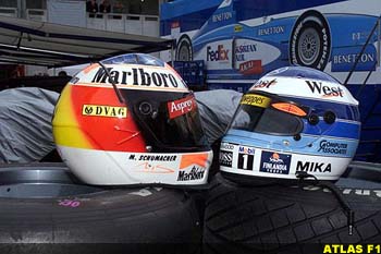 Battling head to head, Schumacher and Hakkinen's helmets