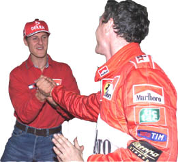 Schumacher congratulating Irvine on his first win